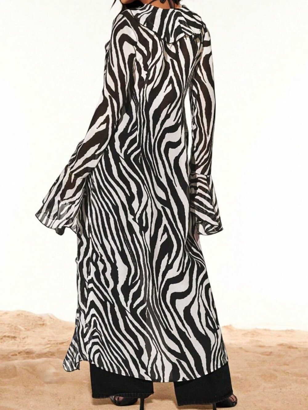 Multicolor Casual Women's Boho Chiffon Cardigan with Zebra Print and Ruffle Trim - Picture 2 of 6